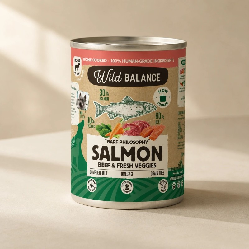 Wild Balance lata de salmón y ternera con verduras frescas para perros 400 g