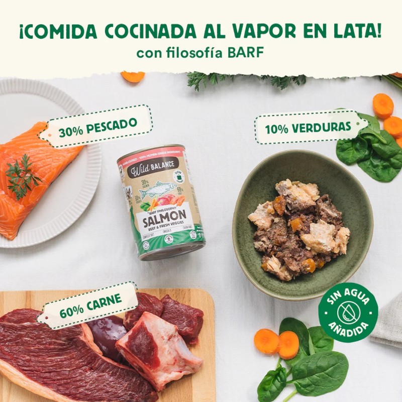 Wild Balance lata de salmón y ternera con verduras frescas para perros 400 g