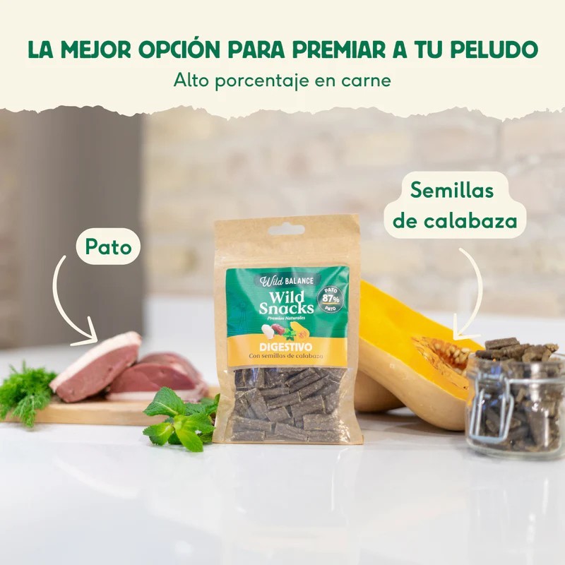 Snack digestivo de pato con semillas de calabaza para perros Wild Balance