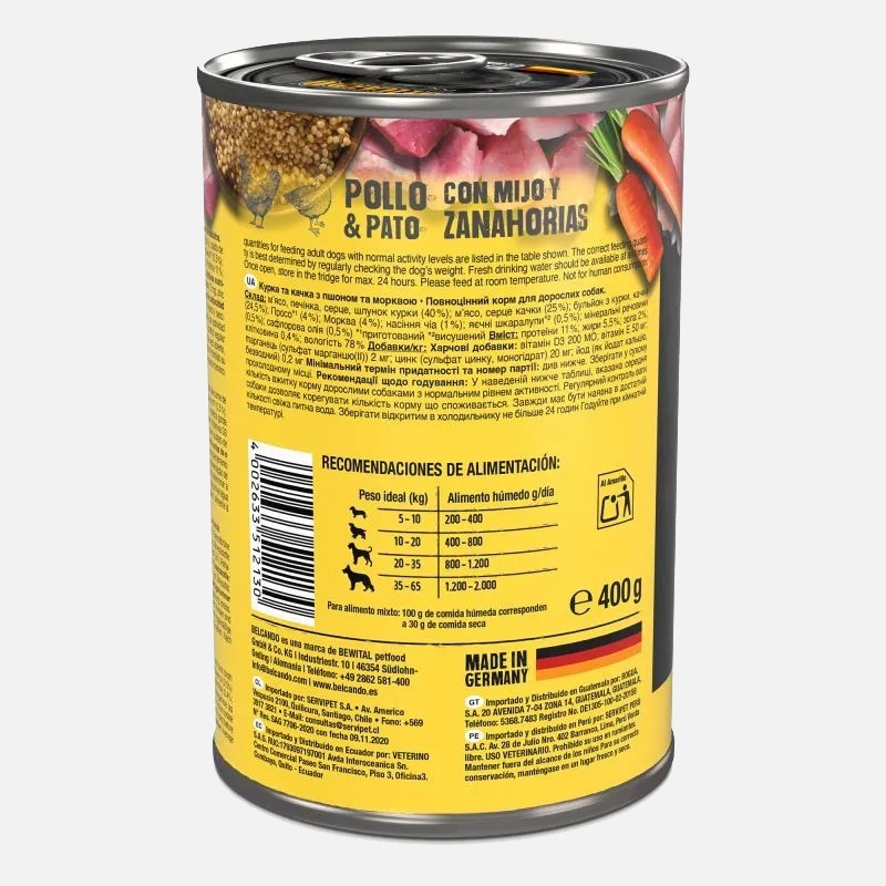 6 latas de Belcando pollo y pato con mijo y zanahorias para perros
